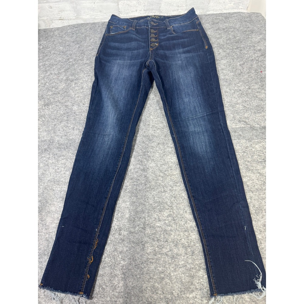 Indigo Rein Curvy High Rise Skinny Jeans Dark Wash Button Fly Raw Hem Size 11/29